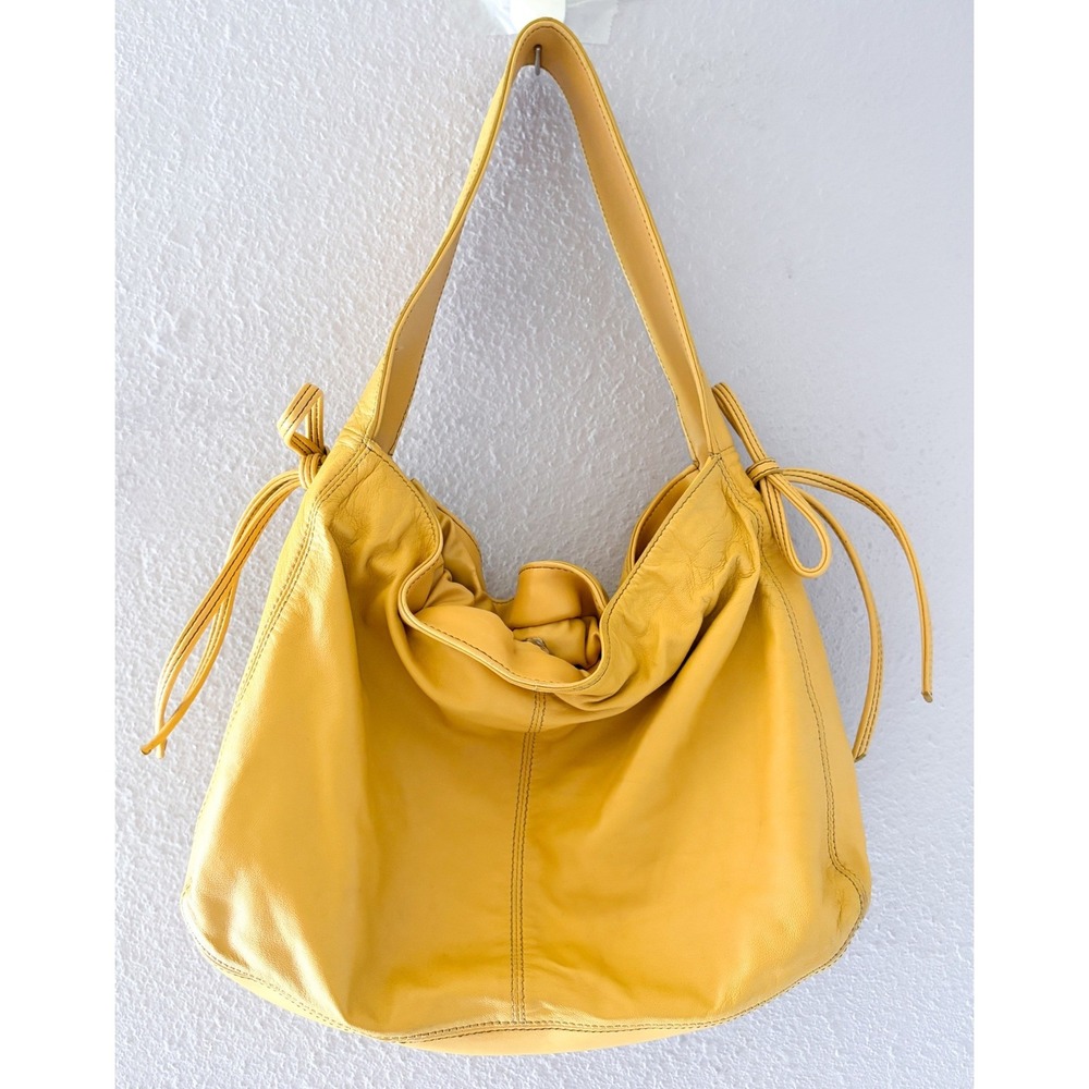 VTG Liz Claiborne Yellow Leather Hobo Bag Slouchy Shoulder Tote Drawstring Y2K